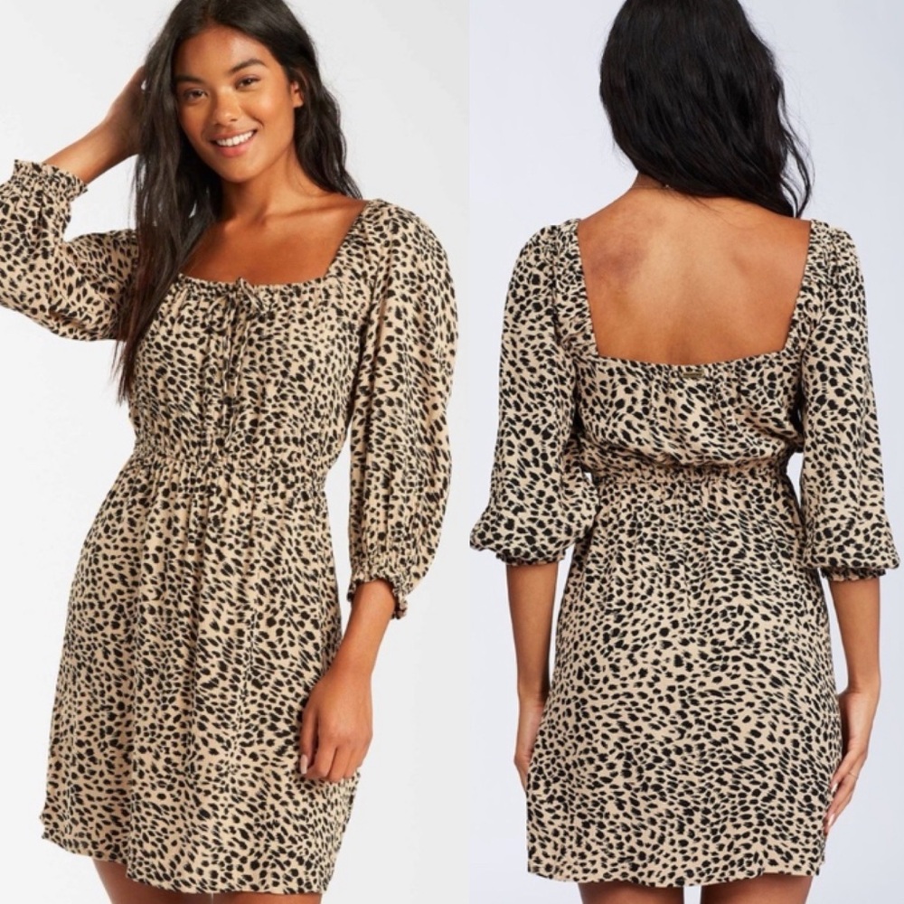 Billabon Animal Leopard Print Long Sleeve Square Neckline Mini Dress